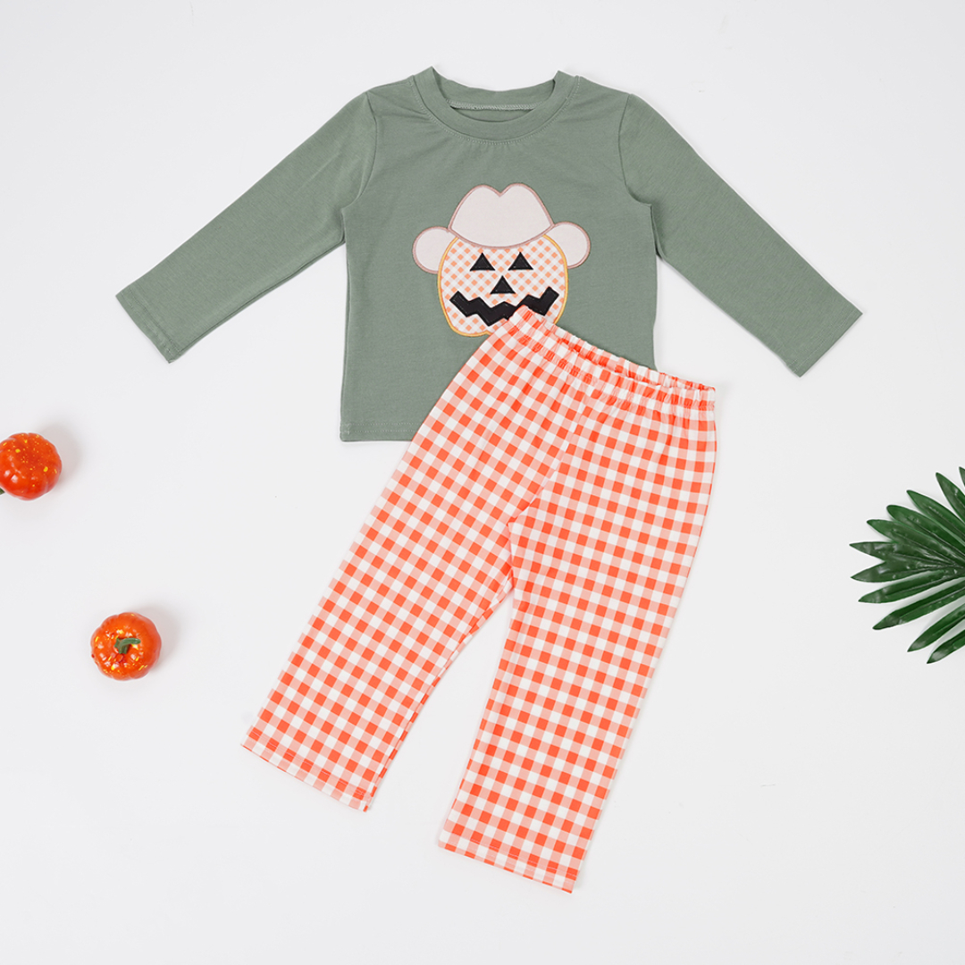 (Custom Design Preorder MOQ 5) Cowboy Pumpkin Top Plaid Pants Boys Halloween Clothes Set