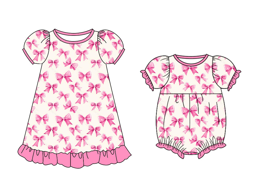 11.11(Custom Design Preorder MOQ 5 Each Design) Pink Bows Print Girls Summer Matching Clothes Set Sisters Wear