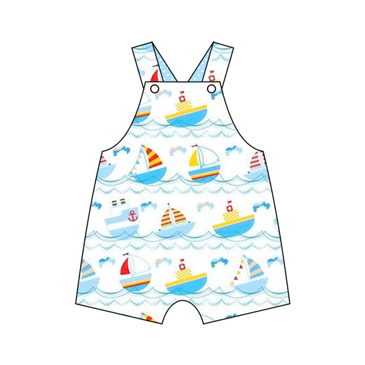 (Custom Design Preorder MOQ 5) Blue Sailboat Print Girls Summer Jumpsuits