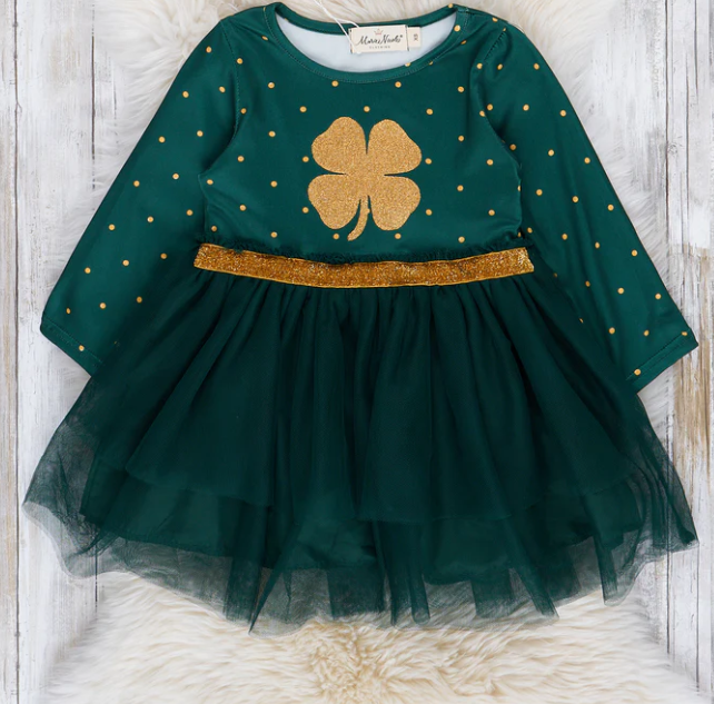 (Custom Design Preorder MOQ 5) Leaf Print Girls St. Patrick's Day Knee Length Tulle Dress
