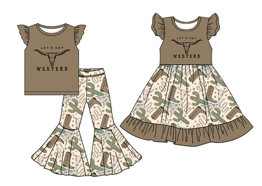 5.2(Custom Design Preorder MOQ 5 Each Design) Cow Skull Western Print Girls Matching Clothes Sisters Wear