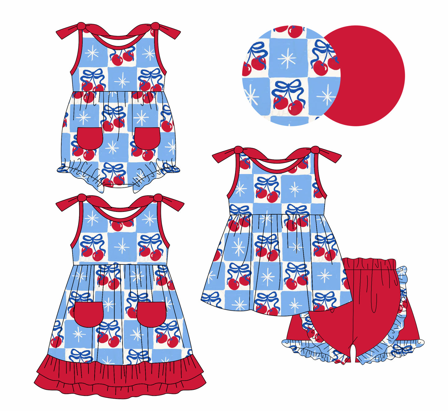 1.6(Custom Design Preorder MOQ 5 Each Design) Cherry Bows Plaid Print Girls Summer Matching Clothes Sisters Wear