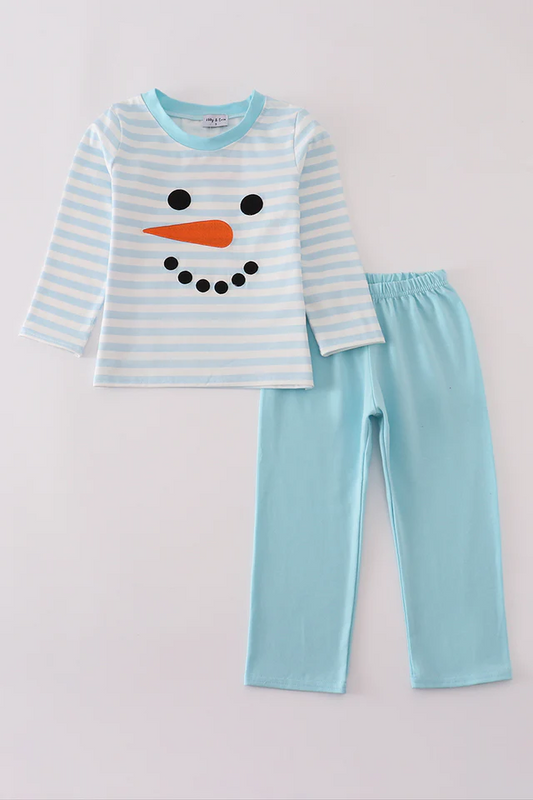 (Custom Design Preorder MOQ 5) Snowman Stripes Top Blue Pants Boys Clothes Set