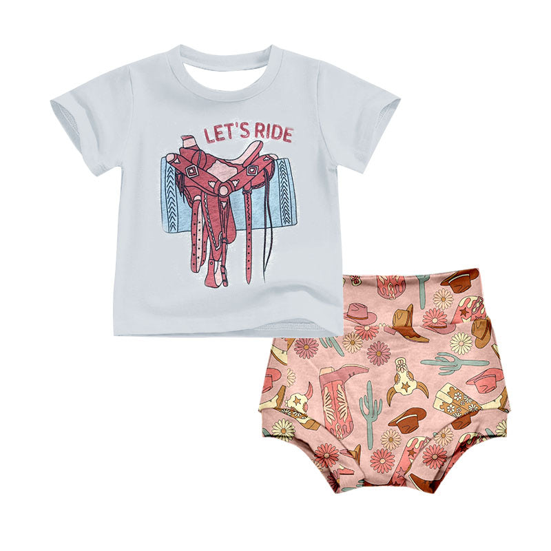 (Custom Design Preorder MOQ 5) lET'S RIDE Top Boots Hat Shorts Baby Girls Summer Western Bummie Set