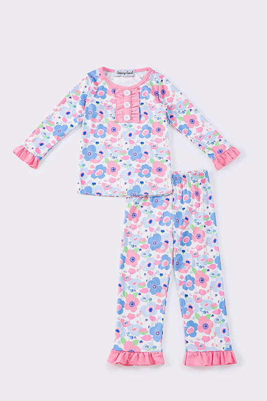 (Custom Design Preorder MOQ 5) Flowers Print Girls Spring Pajamas Clothes Set