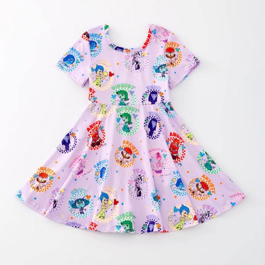 (Custom Design Preorder MOQ 5) Cartoon Figure Inside Out Print Girls Knee Length Summer Dress