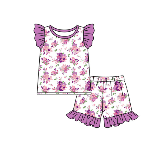 (Custom Design Preorder MOQ 5) Purple Flowers Print Top Ruffle Shorts Girls Summer Clothes Set
