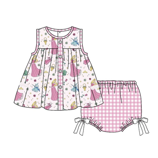 (Custom Design MOQ 5)  Princess Rose Print Baby Girls Summer Bummie Sets