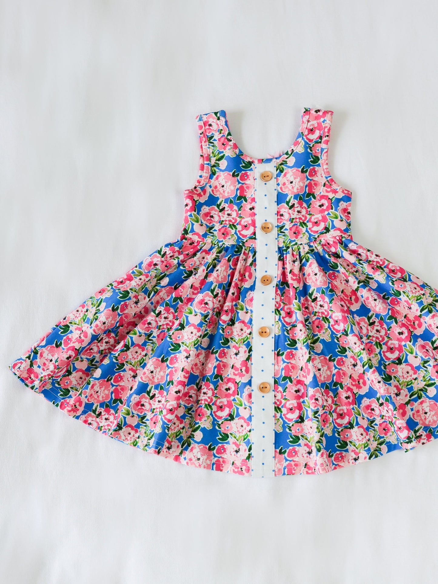 (Custom Design Preorder MOQ 5) Pink Blue Flowers Print Girls Knee Length Summer Dress