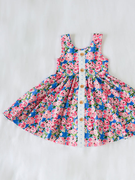 (Custom Design Preorder MOQ 5) Pink Blue Flowers Print Girls Knee Length Summer Dress