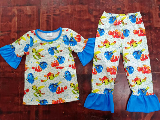 (Custom Design Preorder MOQ 5) Cartoon Fish Print Girls Pajamas Clothes Set