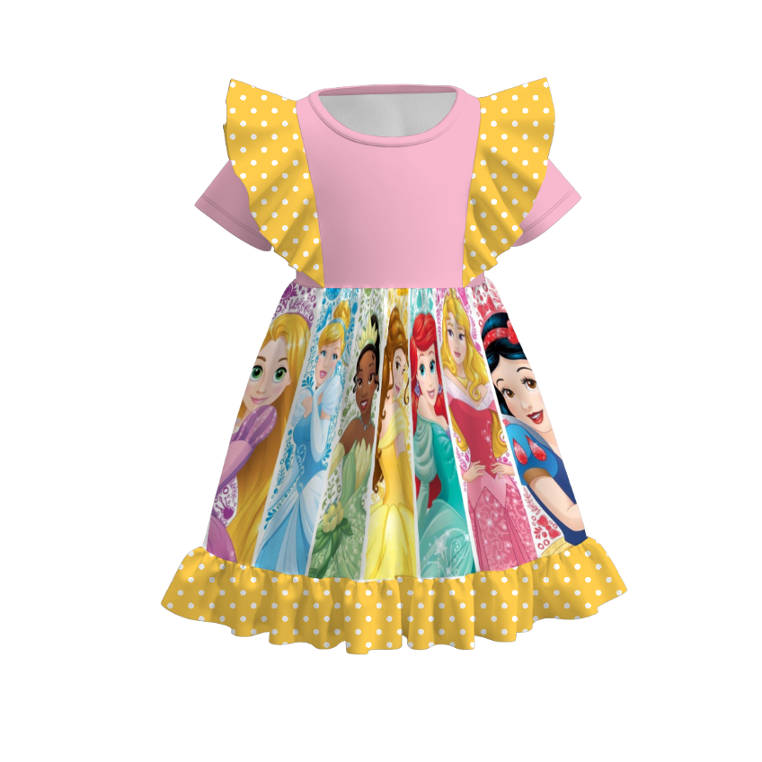 (Custom Design Preorder MOQ 5) Cartoon Princess Girl Print Girls Knee Length Dress