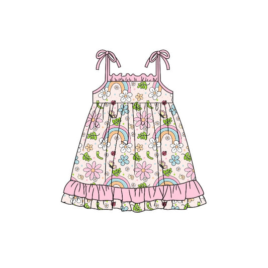 (Custom Design Preorder MOQ 5) Pink Flowers Rainbow Print Girls Knee Length Summer Strap Dress