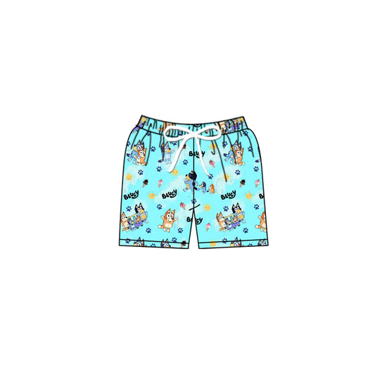 (Custom Design Preorder MOQ 5) Cartoon Dog Blue Print Boys Swim Trunks