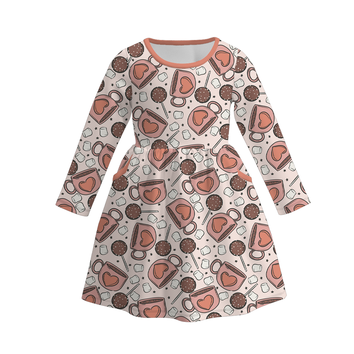 (Custom Design Preorder MOQ 5) Coffee Lollipop Heart Print Girls Knee Length Fall Dress