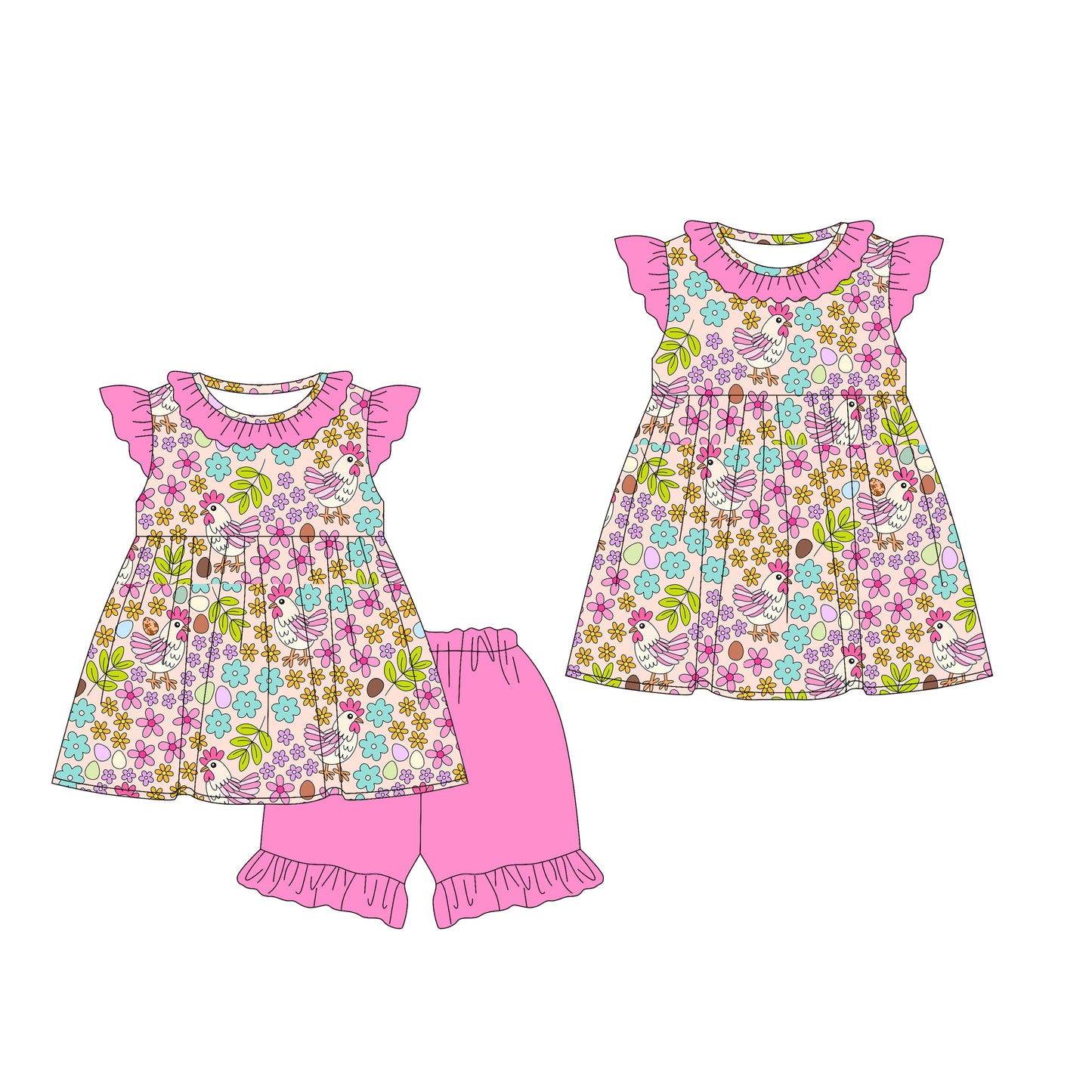 12.24 (Custom Design Preorder MOQ 5 Each Design) Chicken Flowers Eggs Print Girls Easter Matching Clothes Sisters Wear