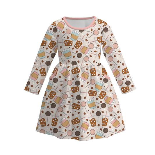 (Custom Design Preorder MOQ 5) Coffee Lollipop Print Girls Knee Length Fall Dress