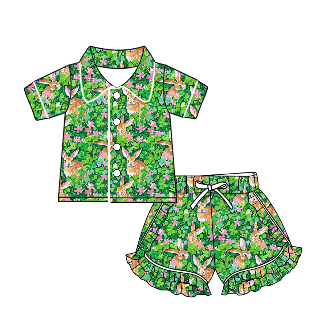 (Custom Design Preorder MOQ 5) Four Leaf Clover Bunny Print Girls Pajamas Clothes Set