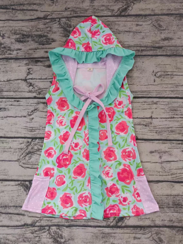 (Custom Design Preorder MOQ 5)   Flowers Print Girls Hooded Swimming Coverup