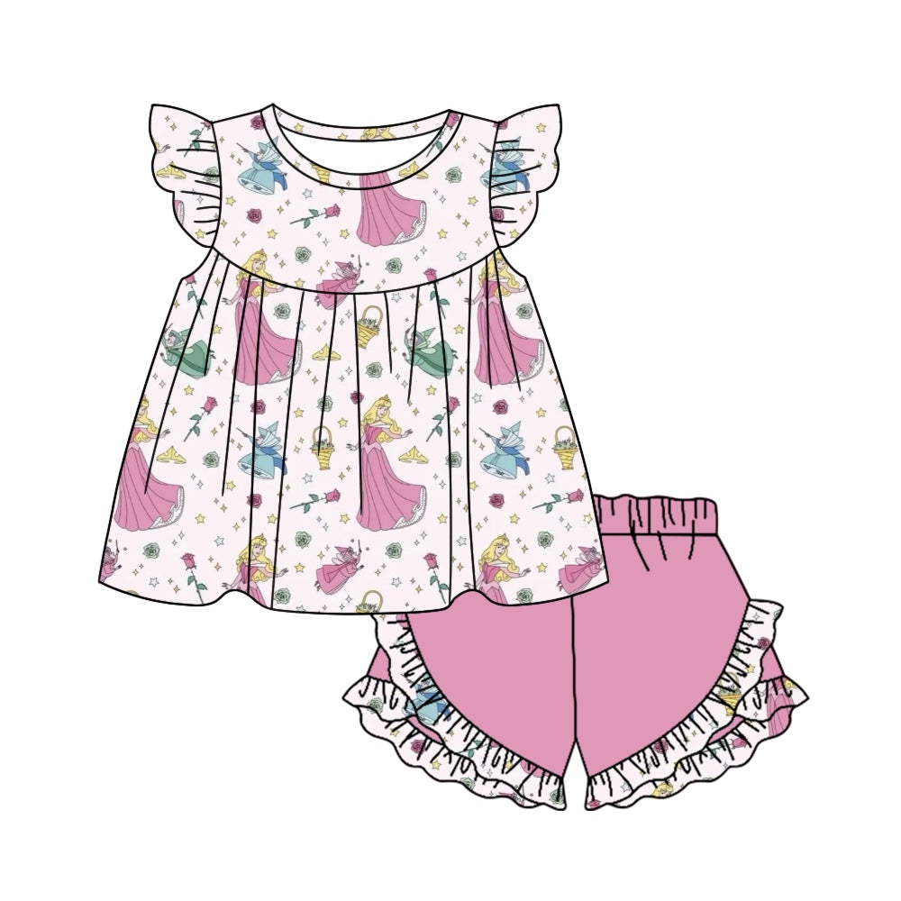 (Custom Design Preorder MOQ 5) Princess Rose Top Ruffle Shorts Girls Summer Clothes Set
