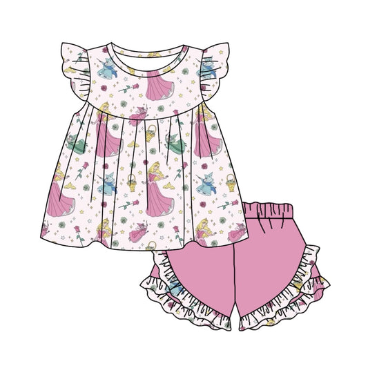 (Custom Design Preorder MOQ 5) Princess Rose Top Ruffle Shorts Girls Summer Clothes Set
