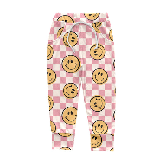 (Custom Design Preorder MOQ 5) Pink Plaid Smiling Face Print Girls Pants
