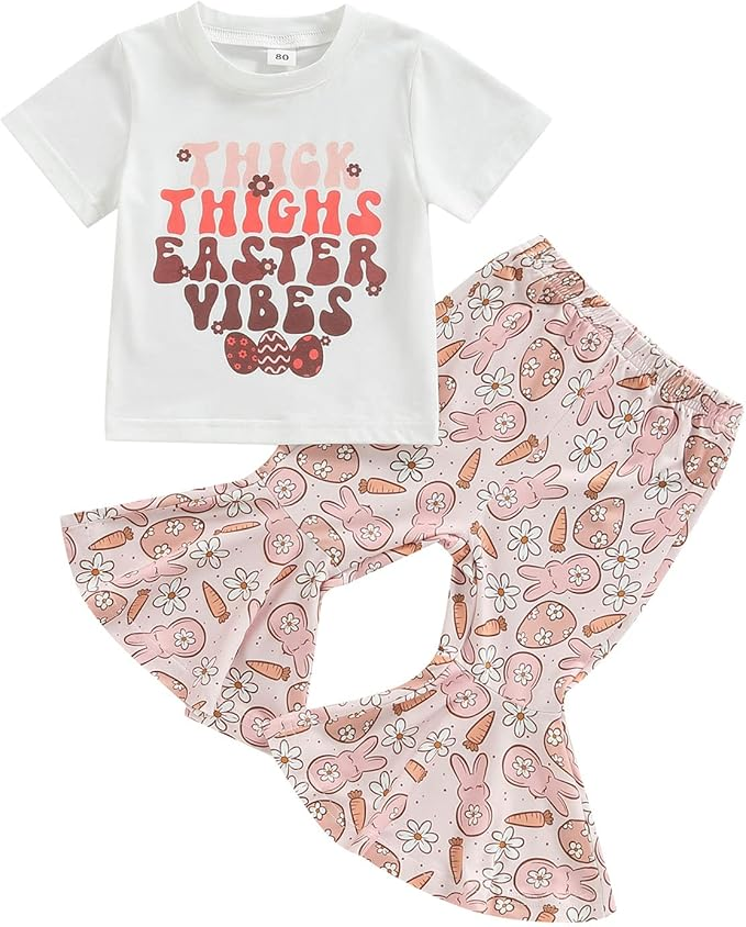 (Custom Design Preorder MOQ 5) Easter Vibes Top Bunny Bell Pants Girls Easter Clothes Set
