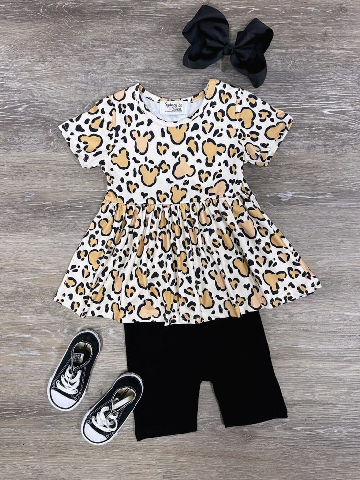 (Custom Design Preorder MOQ 5) Cartoon Mouse Leopard Top Black Shorts GirlsSummer Clothes Set