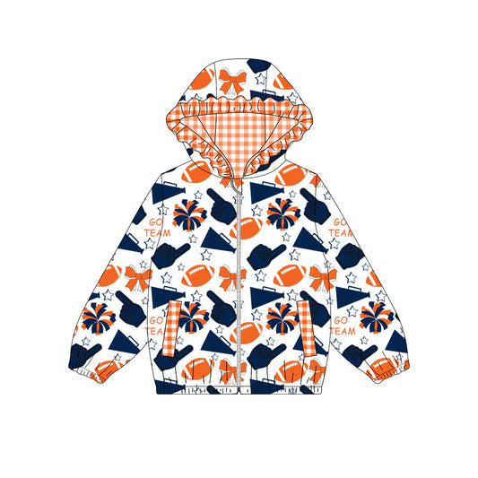 (Custom Design Preorder MOQ 5) Navy Orange Go Team Cheer Bows Print Pockets Girls Long Sleeve Zipper Jackets Top