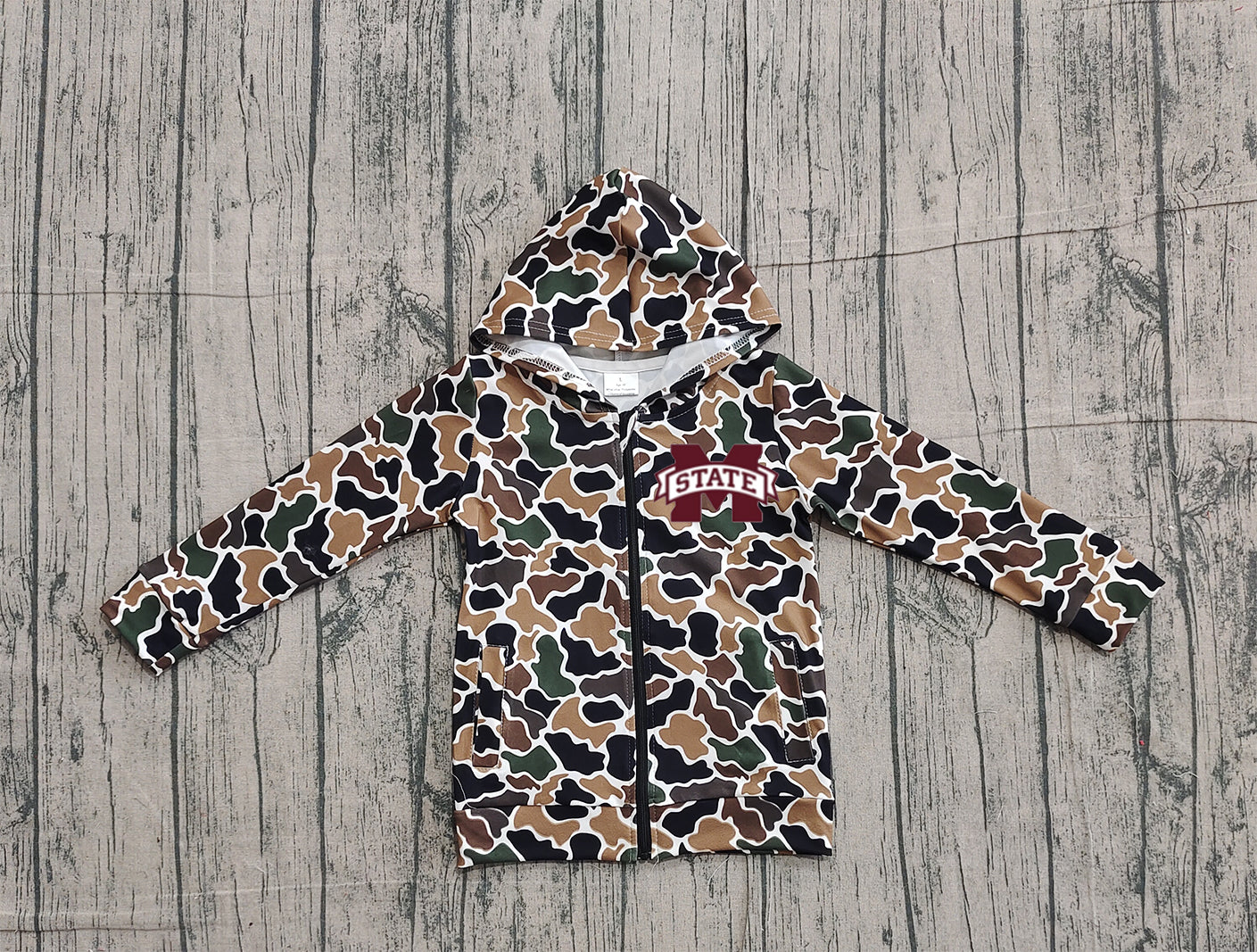 (Custom Design Preorder MOQ 5 Each Item) Team's Mississippi State Brown Camo Print Kids Fall Zipper Hoodie Jackets Top Mom and Me Matching Clothes