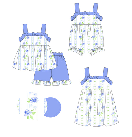 3.6(Custom Design Preorder MOQ 5 Each Design) Blue Flowers Print Girls Summer Matching Clothes Sisters Wear