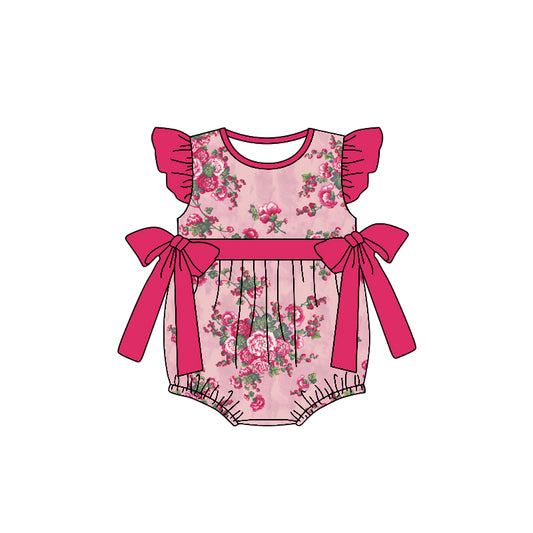 (Custom Design Preorder MOQ 5) Pink Red Flowers Print Baby Girls Summer Romper