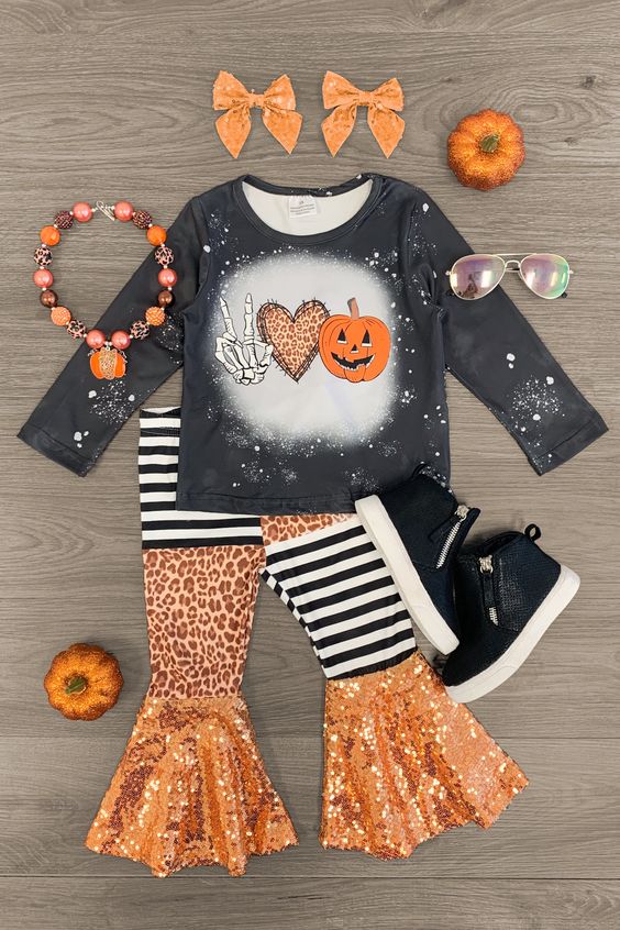 (Custom Design Preorder MOQ 5)   Pumpkin Top Sequin Bell Pants Girls Halloween Clothes Set