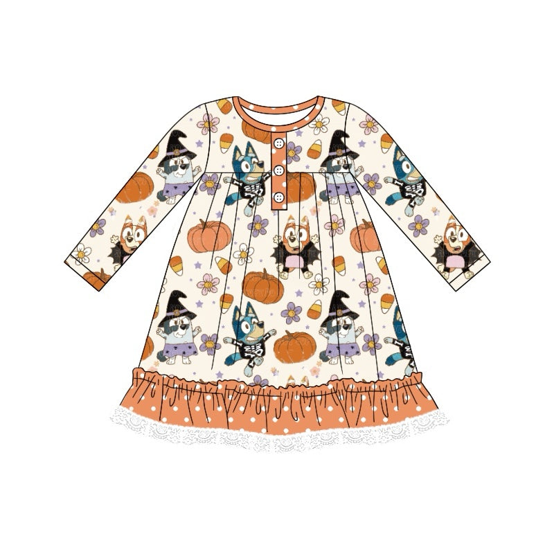 (Custom Design Preorder MOQ 5)  Cartoon Dog Pumpkin Candy Print Girls Knee Length Halloween Dress