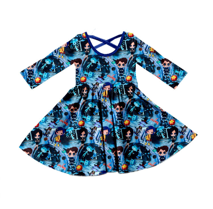 (Custom Design Preorder MOQ 5) Cartoon Coraline Blue Print Girls Knee Length Fall Cross Dress