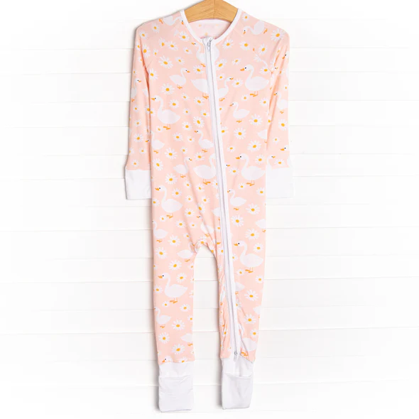 (Custom Design Preorder MOQ 5)  Goose Daisy Print Baby Girls Fall Bamboo Sleeper Zipper Romper