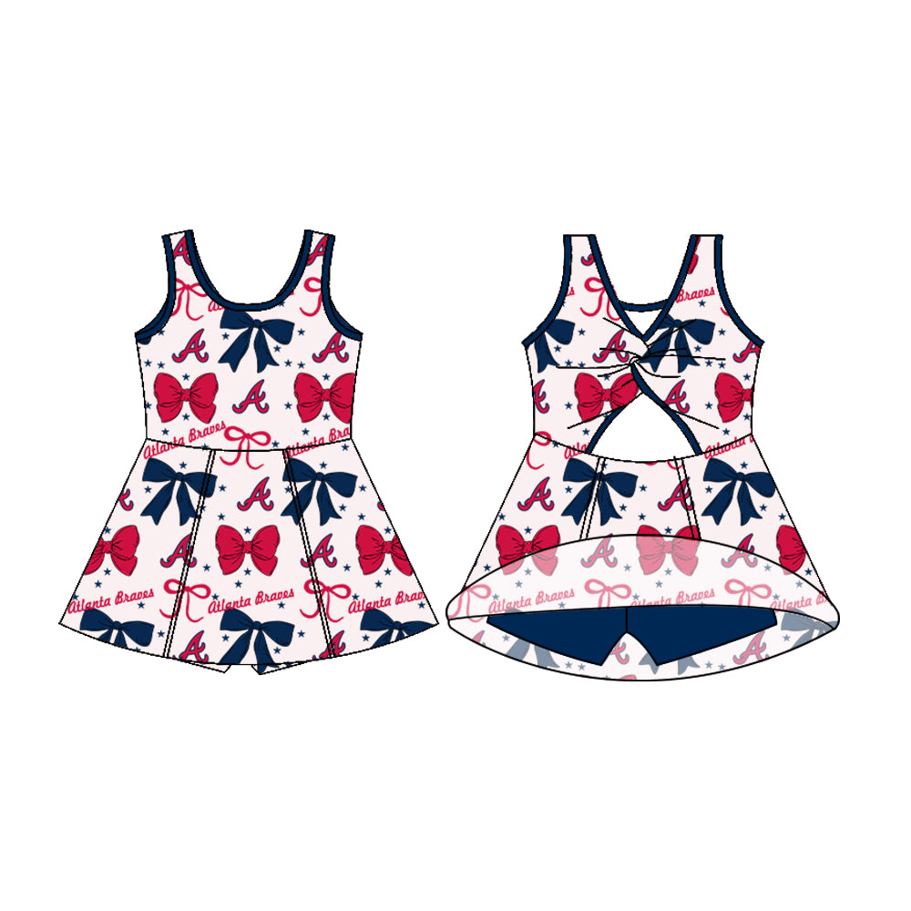 (Custom Design Preorder MOQ 5) Team's Braves Bows Print Backless Top Shorts Skirts Girls Summer Yoga Dress