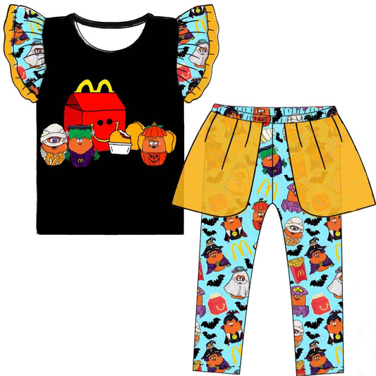 (Custom Design Preorder MOQ 5) Cartoon Chips Print Top Tulle Pants Girls Halloween Clothes Set