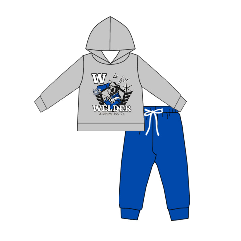 (Custom Design Preorder MOQ 5) Welder Gray Hoodie Top Blue Pants Boys Fall Clothes Set