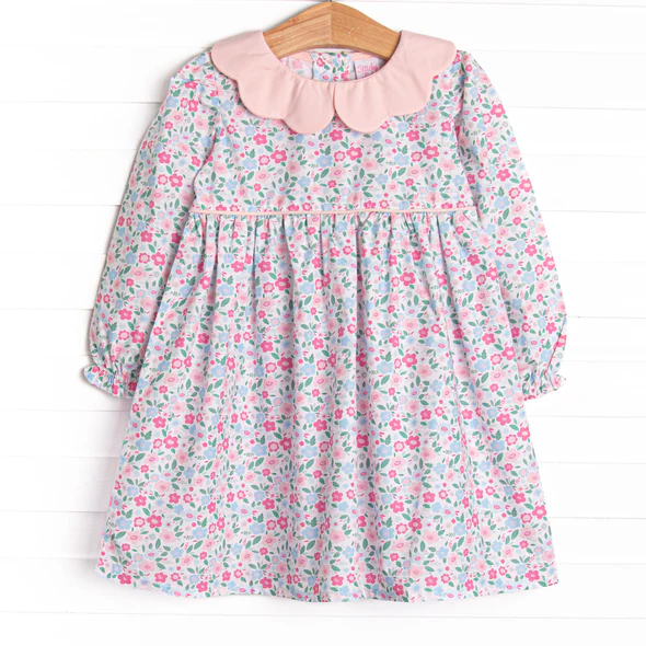 (Custom Design Preorder MOQ 5) Pink Flowers Print Girls Knee Length Dress