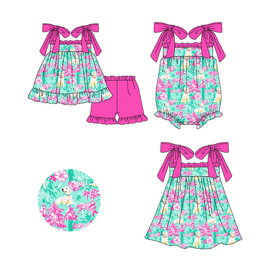 11.20(Custom Design Preorder MOQ 5 Each Design) Dog Flowers Print Girls Summer Matching Clothes Sisters Wear