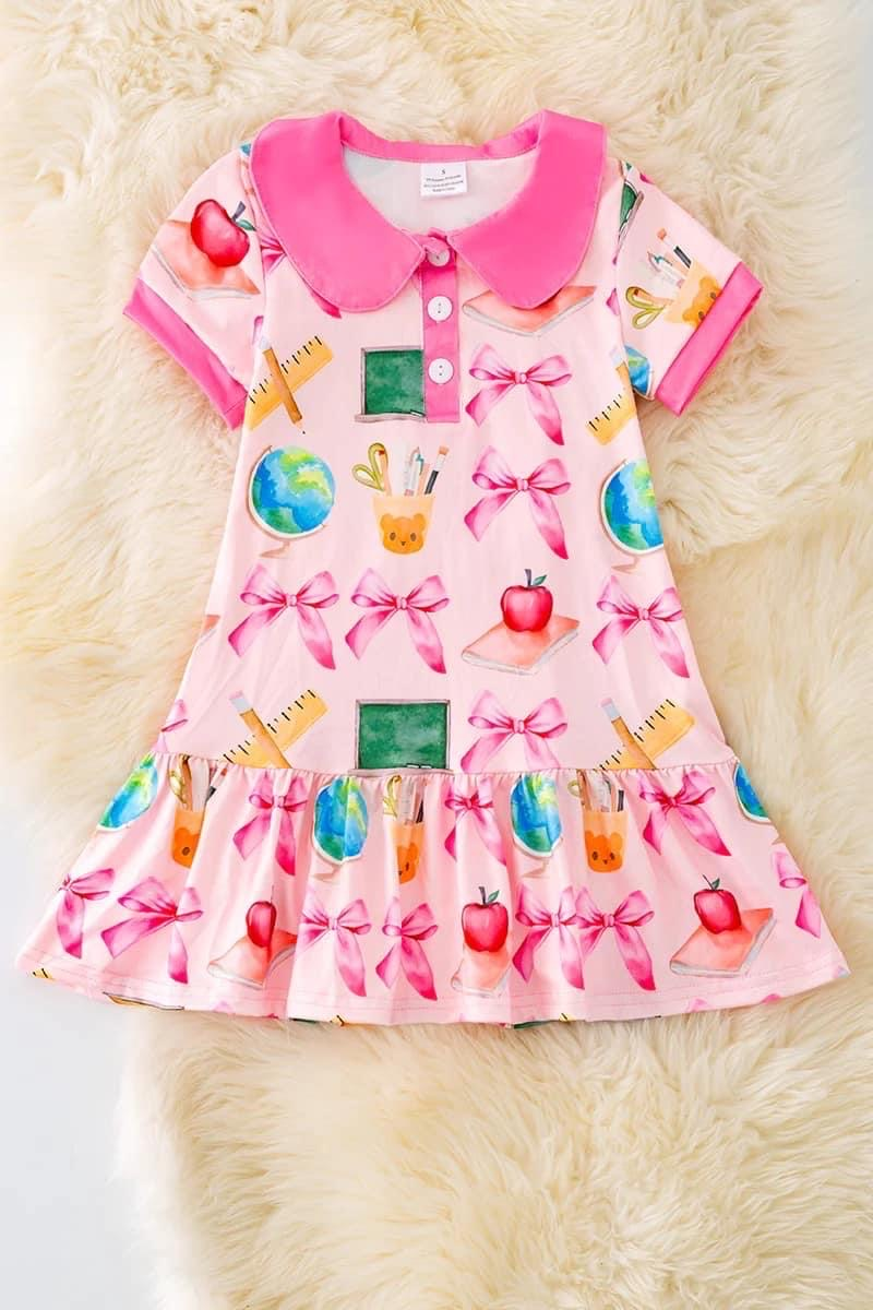 (Custom Design Preorder MOQ 5) Pink Bows Print Girls Knee Length Back to School Dress