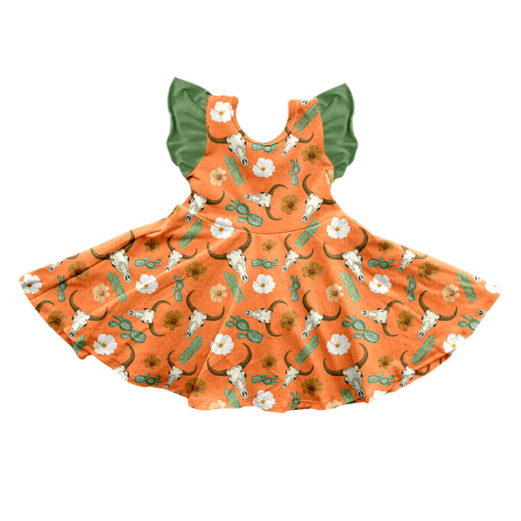 (Custom Design MOQ 5) Orange Cow Skull Flowers Print Girls Western Dress