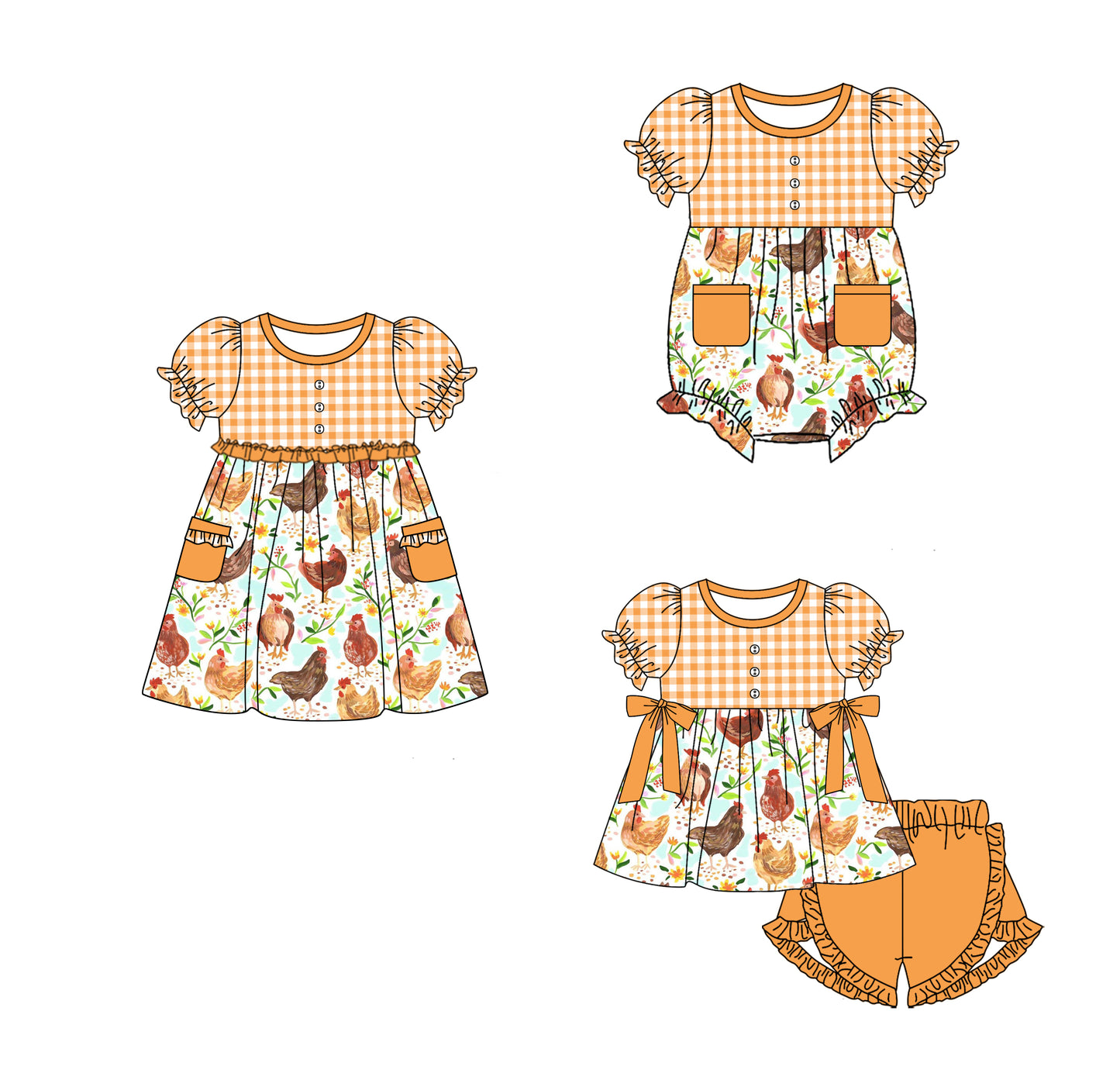 11.21(Custom Design Preorder MOQ 5 Each Design) Chicken Flowers Plaid Print Girls Summer Matching Clothes Sisters Wear