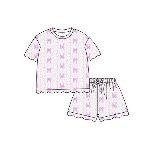 1.21 (Custom Design Preorder MOQ 5 Each Design) Pink Bows Print Summer Scallop Sets Mom and Me Matching Clothes