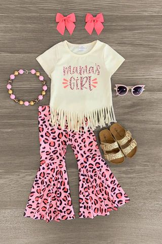 (Custom Design Preorder MOQ 5)  MAMA'S Girl Tassel Top Pink Leopard Pants Girls Clothes Set
