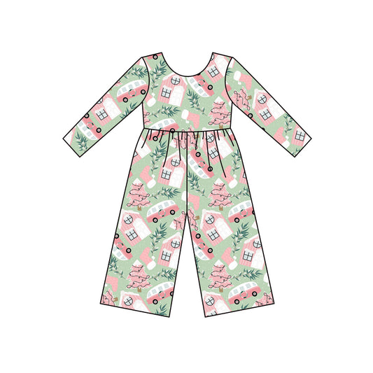 (Custom Design MOQ 5) Pink House Tree Print Girls Christmas Jumpsuits