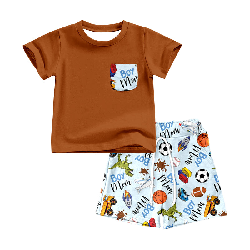 (Custom Design Preorder MOQ 5) Brown Pocket Top Toys Shorts Boys Summer Clothes Set