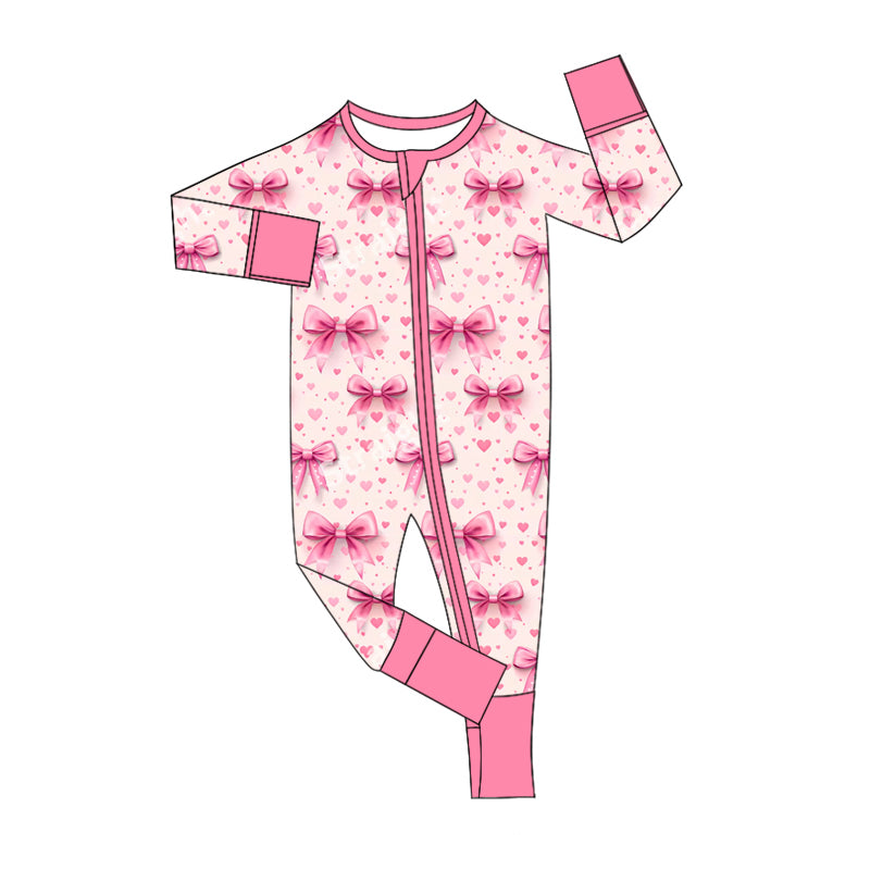 (Custom Design Preorder MOQ 5)  Heart Bows Pink Print Baby Girls Valentine's Day Bamboo Sleeper Zipper Romper