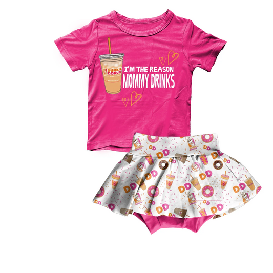 (Custom Design Preorder MOQ 5) Mommy Drinks Print Top Skirts With Shorts Girls Summer Clothes Set